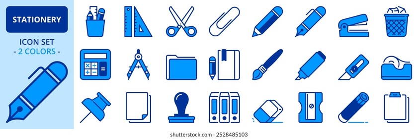 Icons in two colors about stationery. Contains such icons as ruler, pencil, scissors, glue, clip, eraser, marker, paper and folder. Editable stroke