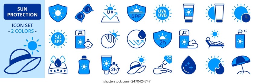 Icons in two colors about sun protection. Contains such icons as sunglasses, SPF, sunscreen and skin care. Editable stroke.