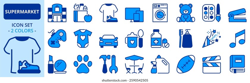 Icons in two colors about supermarket. Contains such icons as grocery, clothing, personal care, outdoors, home improvement and entertainment. Editable stroke