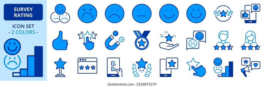 Icons in two colors about survey and rating. Contains such icons as referral marketing, customer satisfaction, CRM, feedback and testimonials. Editable stroke 