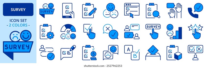 Icons in two colors about survey. Contains such icons as poll, data analysis, customers loyalty, feedback, and rating. Editable stroke.