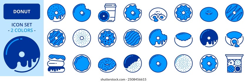 Icons in two colors about sweet donuts, filled doughnuts and holes with chocolate, cream, icing sugar and glazed. Bakery products.  Editable stroke. 