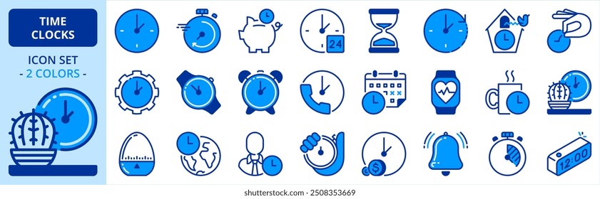 Icons in two colors about time and clocks. Editable stroke. 