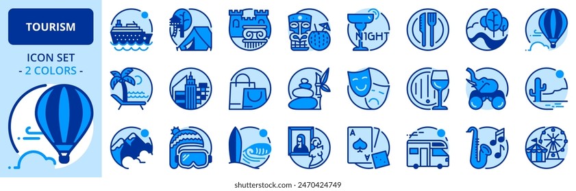 Icons in two colors about tourism and travel. Contains such icons as surf, shopping, cruise trip, tropical vacations, spa and gastronomic. Editable stroke.