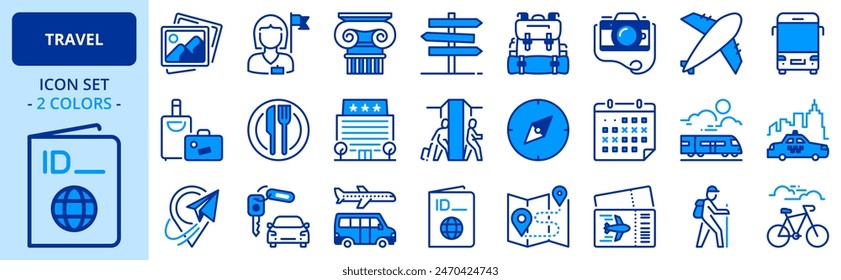 Icons in two colors about travel. Contains such icons as hotel, airplane, passport, tour guide and rent car. Editable stroke.