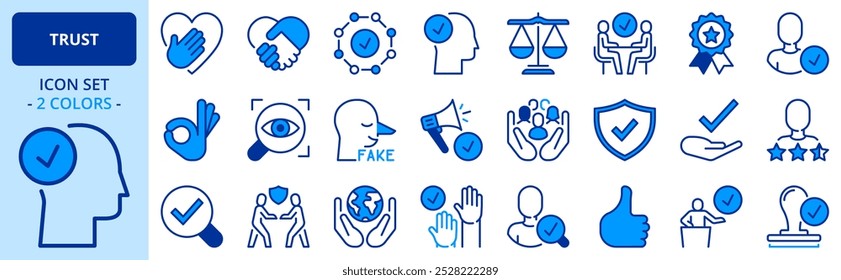 Icons in two colors about trust. Contains such icons as honesty, commitment, integrity and transparency. Editable stroke. 