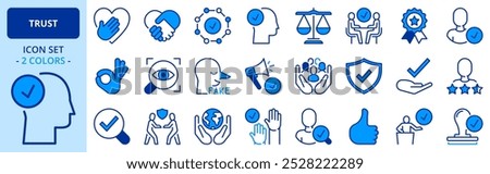 Icons in two colors about trust. Contains such icons as honesty, commitment, integrity and transparency. Editable stroke. 