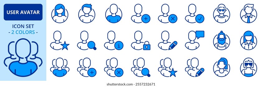 Icons in two colors about user interface and avatars. Editable stroke. Vector - 256x256 pixel perfect.