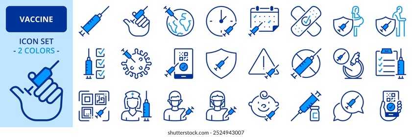 Iconos en dos colores sobre la vacuna. Concepto de Ciencia y medicina. Contiene iconos como inyecciones, calendario de vacunación, certificado digital y protección contra virus. Trazo editable