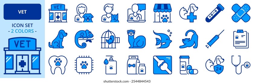 Icons in two colors about vet. Contains such icons as pets, medical history, vaccines, test, dental care, chips, antiparasitic, and x ray. Editable stroke