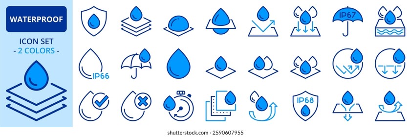 Icons in two colors about waterproof and absorbency. Contains such icons as water repellent, permeable, hydrophobic coating and absorbing levels. Editable stroke.