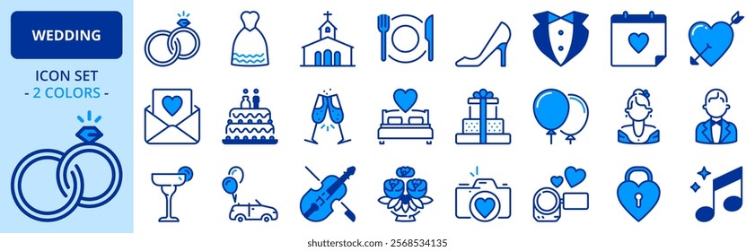 Icons in two colors about wedding. Contains such icons as celebration, rings, bride drees, invitations and bouquet. Editable stroke.