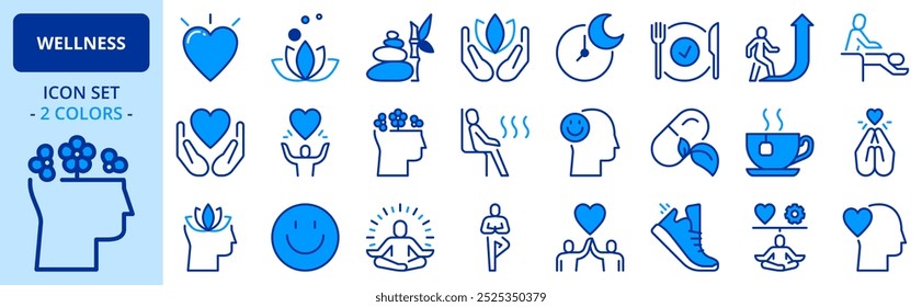 Icons in two colors about wellness. Contains such icons as relaxation,  spirituality, meditation, healthy lifestyle and personal growth. Editable stroke.