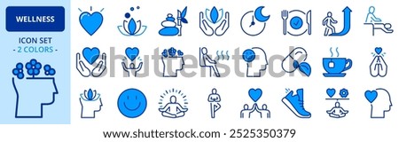 Icons in two colors about wellness. Contains such icons as relaxation,  spirituality, meditation, healthy lifestyle and personal growth. Editable stroke.