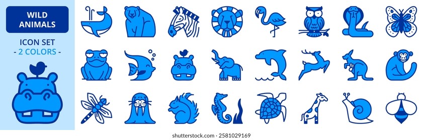 Icons in two colors about wild animals. Pets. Editable stroke.