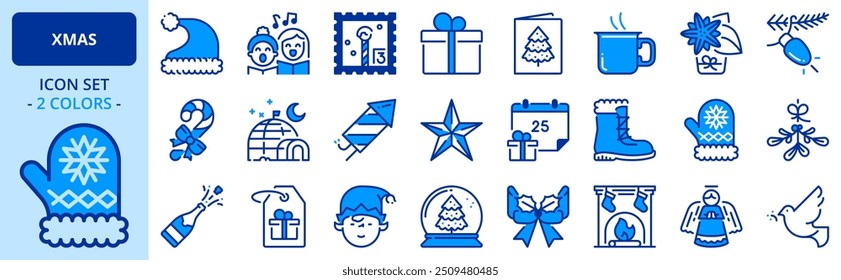 Icons in two colors about XMAS. Holidays events. Contains such icons as celebrations, Christmas tree, decoration, and gifts. Editable stroke