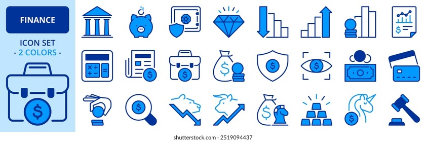 Ícones em duas cores sobre finanças. Conceito financeiro. Contém ícones como mealheiro, banco, mercado de ações, investimento e contas. Traçado editável