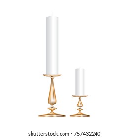 Icons of two realistic bronze candlesticks with candles isolated on white background