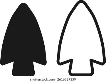 Icons of two spearheads of ancient shape silhouette and line in black color, spearhead of realistic ancient shape.