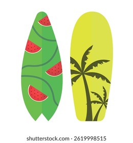 Icons of two surfboards with watermelons and palm trees. Water equipment. Summer season.