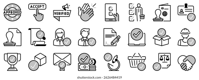 Icons in two tones about approval. Contains such icons as checked, approved, certified, accepted and validation. Editable stroke 