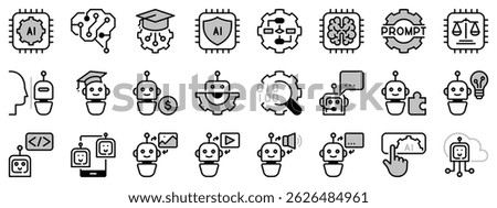 Icons in two tones about artificial intelligence. Contains such icons as AI, machine learning, algorithm and generated contents. Editable stroke
