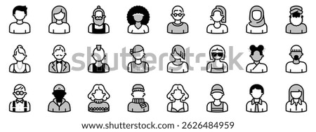 Icons in two tones  about avatar people. Contains such icons as elegant, modern, urban, geek, afro, punk,  hipster, rock, emo, classic and rap style. Editable stroke.