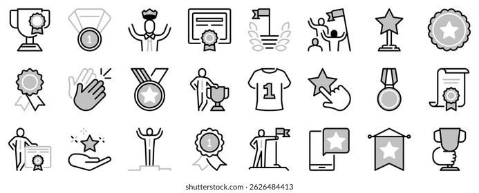 Icons in two tones about awards and acknowledgements. Contains such icons as medal, trophy, the best, achievement, excellence and certificate. Editable stroke.
