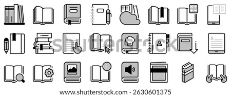 Icons in two tones about books. Contains such icons as ereader, reading, library, ebook, notebook, magazine, audiobook and guides. Editable stroke