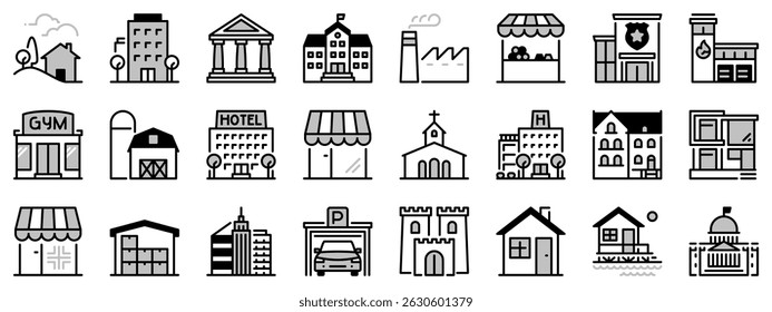 Ícones em dois tons sobre edifícios. Arquitetura. Contém ícones como casa moderna e clássica, escola, loja, banco, polícia, posto de bombeiros, hospital. Traçado editável
