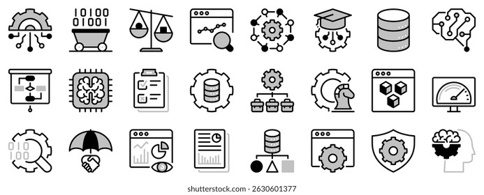 Icons in two tones about business intelligence. Contains such icons as management big data, analysis, reporting, benchmarking and machine learning. Editable stroke.