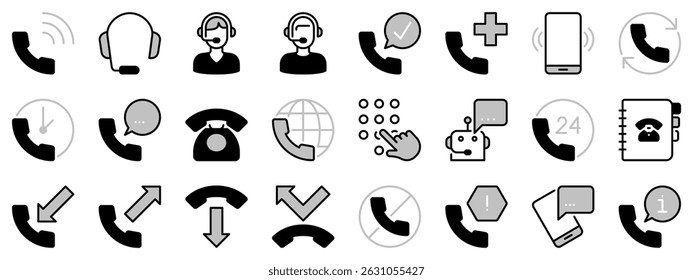 Icons in two tones about call. Contains such icons as support, call center, telephone and talking. Editable stroke. 