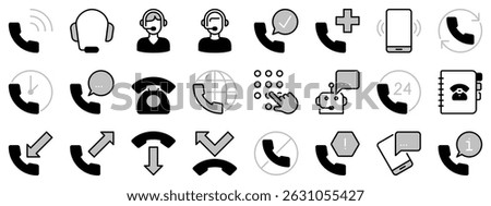 Icons in two tones about call. Contains such icons as support, call center, telephone and talking. Editable stroke. 