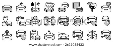 Icons in two tones about car dealership. Contains such icons as sales, renting, comparatives, vehicle features and maintenance. Editable stroke