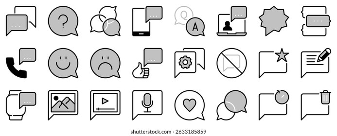 Icons in two tones about chat bubbles. Communication concepts. Contains such icons as instant messaging, social media, video, audio, pictures and emoji. Editable stroke