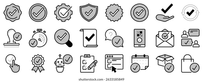 Icons in two tones about checkmark. Contains such icons as checked, approved, certified, accepted and validation. Editable stroke