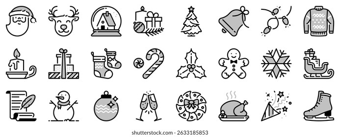 Icons in two tones about Christmas. Holidays events. Contains such icons as Santa, snowman, Christmas tree, wish list, decoration, and gifts. Editable stroke