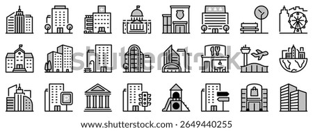 Icons in two tones about the city. Contains such icons as apartments, office, bank, hospital, buildings, skyscraper, mall and park. Editable stroke