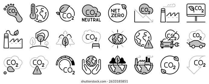 Icons in two tones about co2 emissions. Contains such icons as tree planting, net zero, and reduced carbon dioxide. Editable stroke