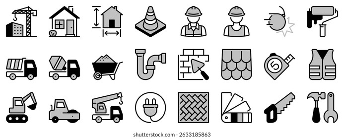 Icons in two tones about construction. Contains such icons as architecture, workers, material, tools and construction vehicles. Editable stroke
