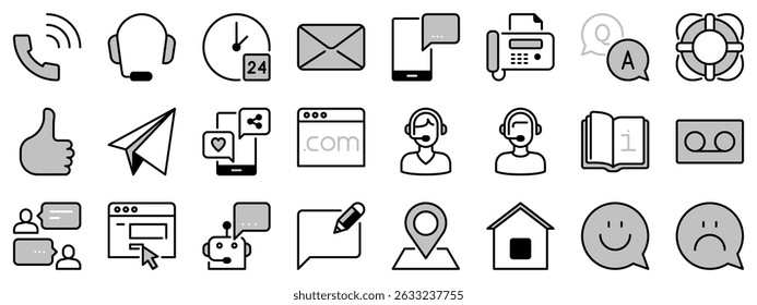 Icons in two tones about contact us. Contains such icons as call center, support, mail, curtomer service, web site, feedback, info and call. Editable stroke