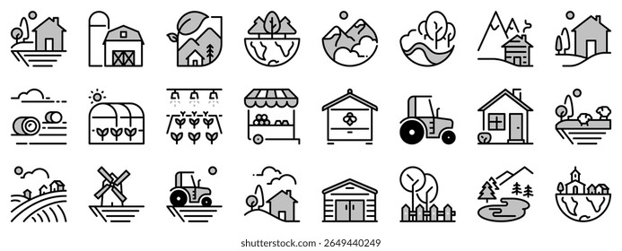 Ícones em dois tons sobre o campo. Contém ícones como casa rural, fazenda, montanha paisagem, natureza, bosque e lago. Traçado editável