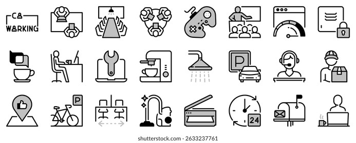 Icons in two tones about coworking. Contains such icons as workplace, meeting room, recreation zone and services. Editable stroke 