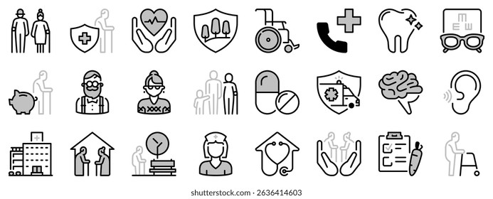 Icons in two tones about elderly. Contains such icons as seniors, health care, retirement planning and insurance. Editable stroke.