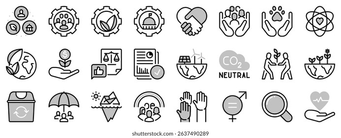 Icons in two tones about Environmental Social Governance. Contains such icons as climate crisis, sustainable development, diversity, human rights and responsible investment. Editable stroke