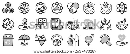 Icons in two tones about Environmental Social Governance. Contains such icons as climate crisis, sustainable development, diversity, human rights and responsible investment. Editable stroke