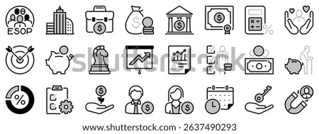 Icons in two tones about ESOP employee stock ownership plan. Contains such icons as company, win-win, scheme and benefits. Editable stroke.