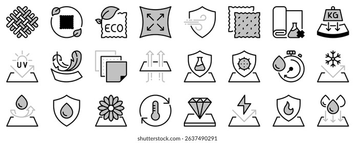 Icons in two tones about fabric features. Contains such icons as membrane, waterproof, windproof, elastic, breathable and resistence. Editable stroke