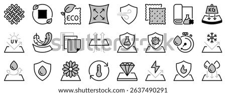 Icons in two tones about fabric features. Contains such icons as membrane, waterproof, windproof, elastic, breathable and resistence. Editable stroke