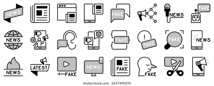 Icons in two tones about facts and fake news. Contains such icons as anti-fake agency, troll, social bots and newspaper. Editable stroke 